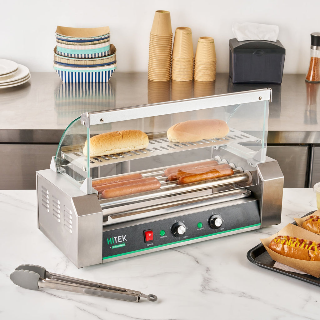 Hi Tek Stainless Steel Hot Dog Roller Grill Warmer - Fits 12 Hot Dogs and 4 Buns, Sneeze Guard - 1 count box