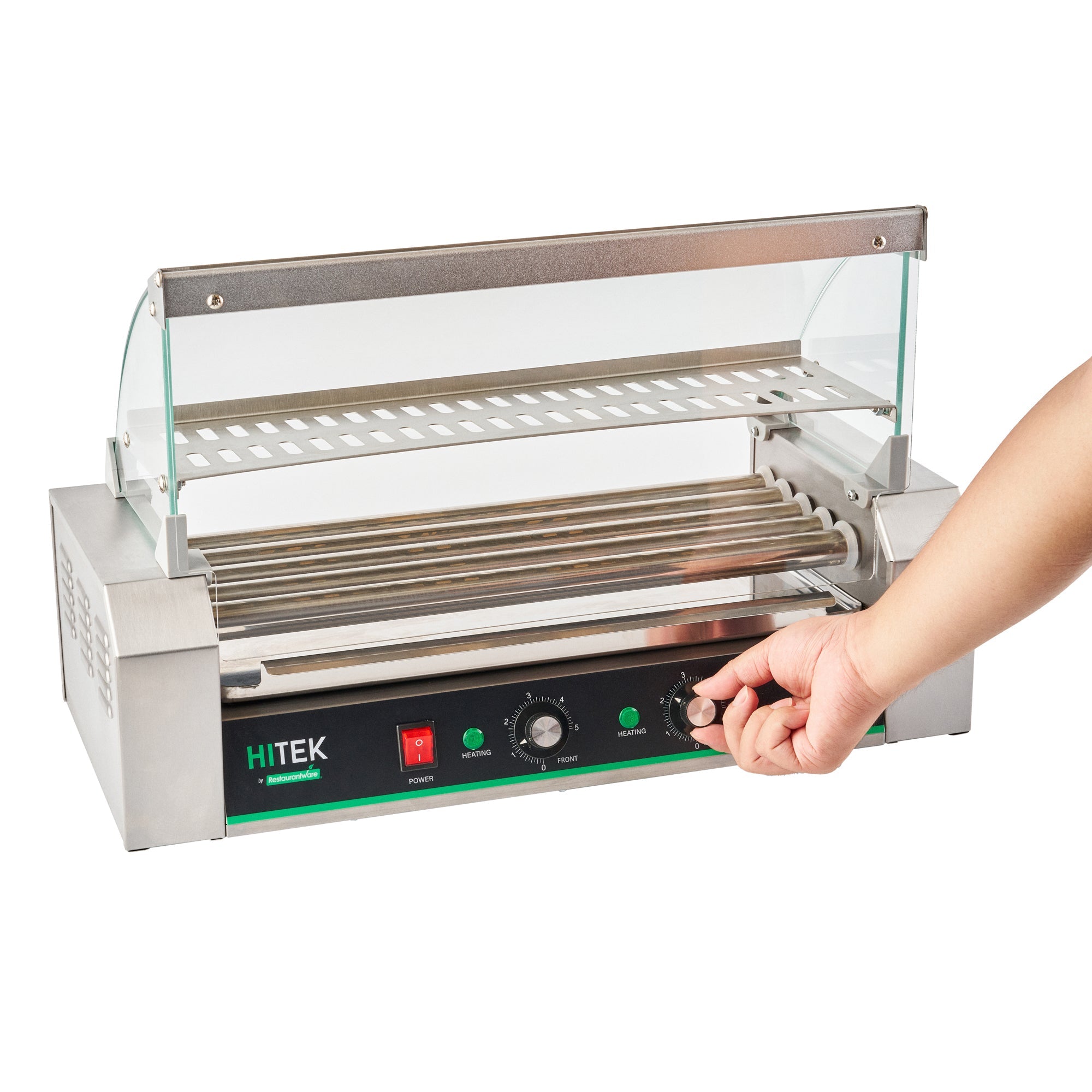 Hi Tek Stainless Steel Hot Dog Roller Grill Warmer - Fits 12 Hot Dogs and 4 Buns, Sneeze Guard - 1 count box