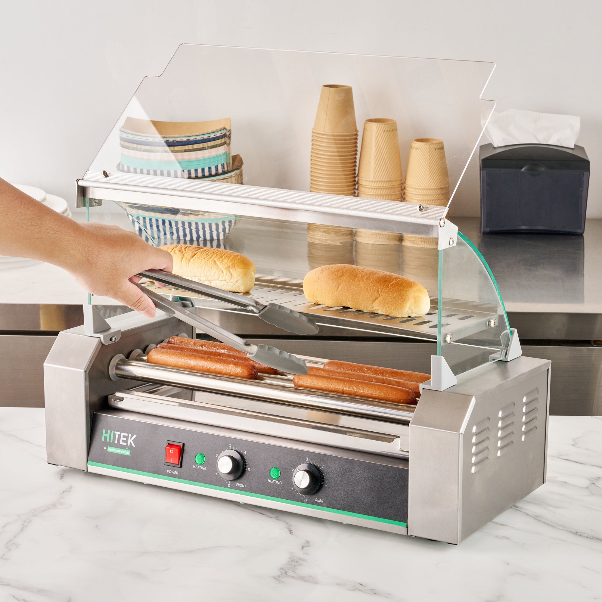 Hi Tek Stainless Steel Hot Dog Roller Grill Warmer - Fits 12 Hot Dogs and 4 Buns, Sneeze Guard - 1 count box