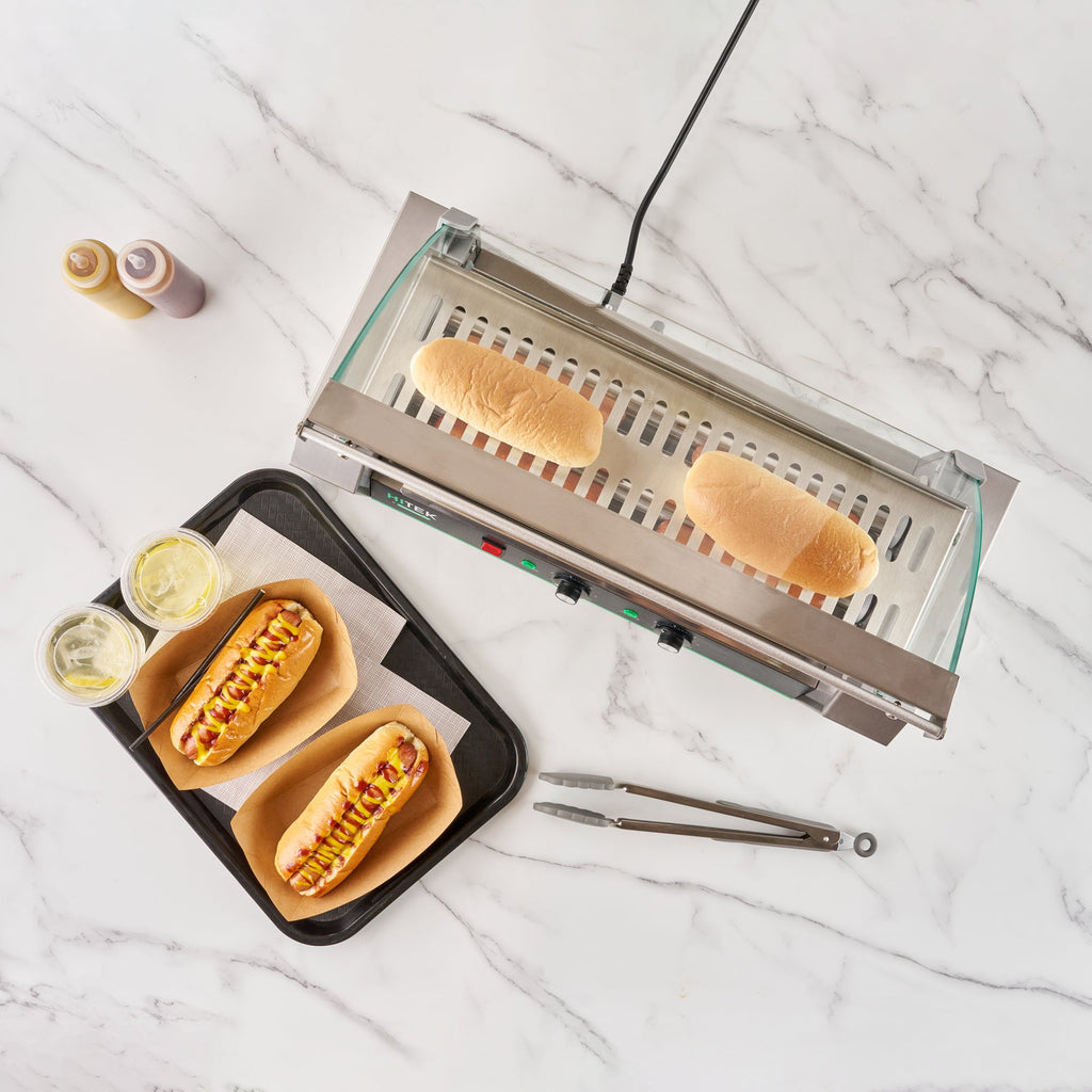Hi Tek Stainless Steel Hot Dog Roller Grill Warmer - Fits 12 Hot Dogs and 4 Buns, Sneeze Guard - 1 count box