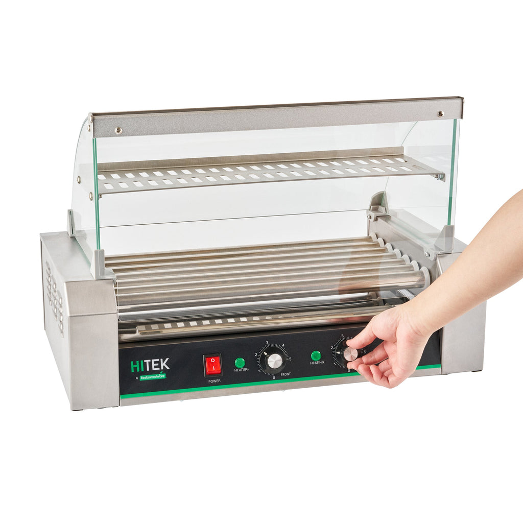 Hi Tek Stainless Steel Hot Dog Roller Grill Warmer - Fits 18 Hot Dogs and 4 Buns, Sneeze Guard - 1 count box