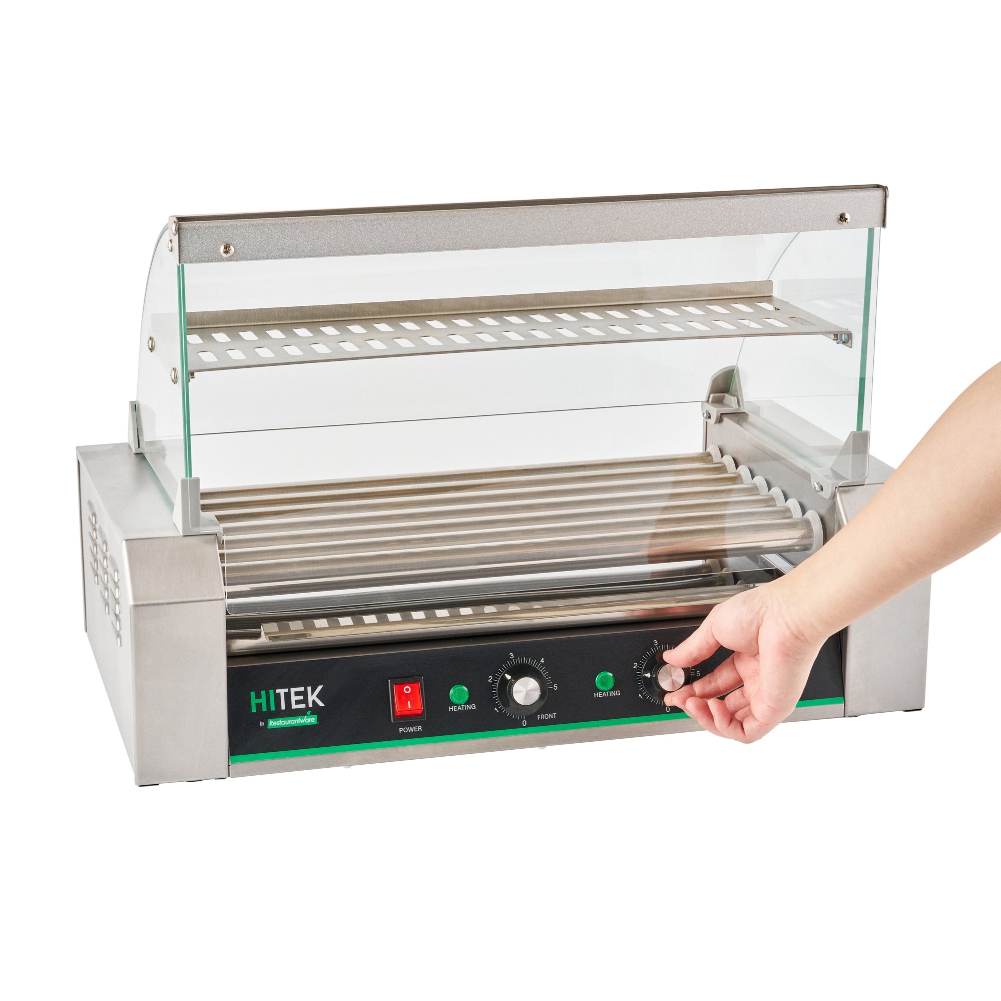 Hi Tek Stainless Steel Hot Dog Roller Grill Warmer - Fits 18 Hot Dogs and 4 Buns, Sneeze Guard - 1 count box