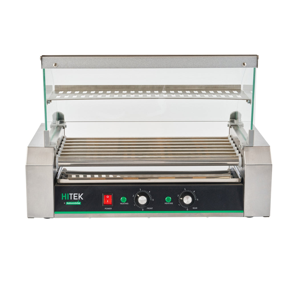 Hi Tek Stainless Steel Hot Dog Roller Grill Warmer - Fits 18 Hot Dogs and 4 Buns, Sneeze Guard - 1 count box