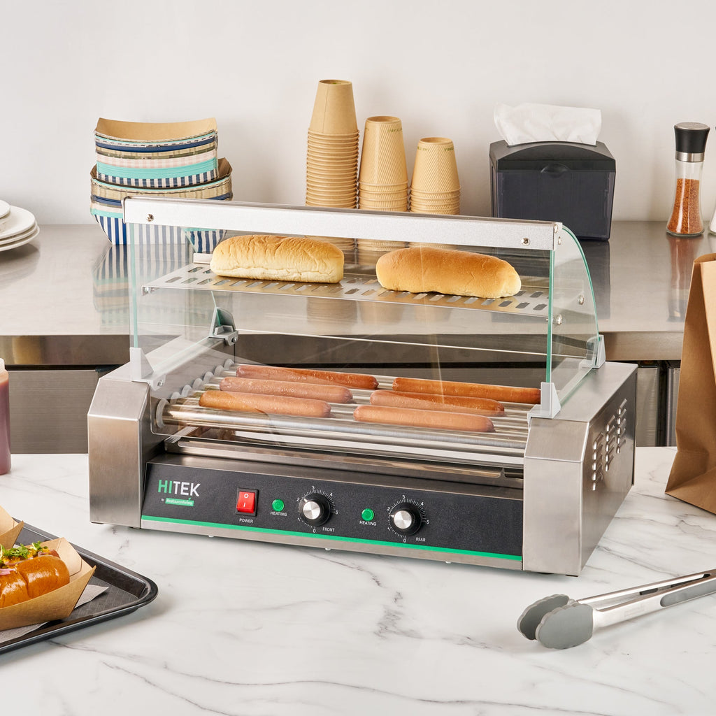 Hi Tek Stainless Steel Hot Dog Roller Grill Warmer - Fits 18 Hot Dogs and 4 Buns, Sneeze Guard - 1 count box