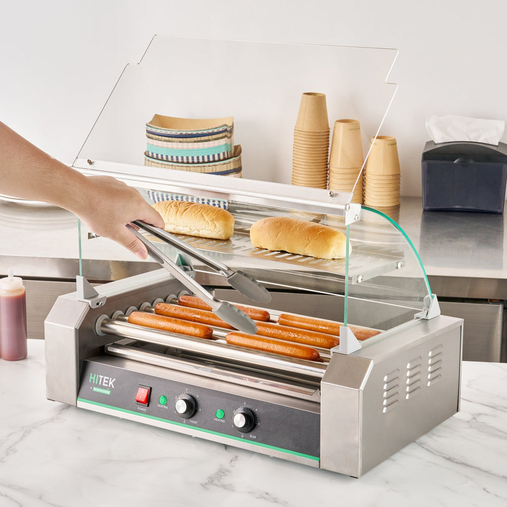 Hi Tek Stainless Steel Hot Dog Roller Grill Warmer - Fits 18 Hot Dogs and 4 Buns, Sneeze Guard - 1 count box
