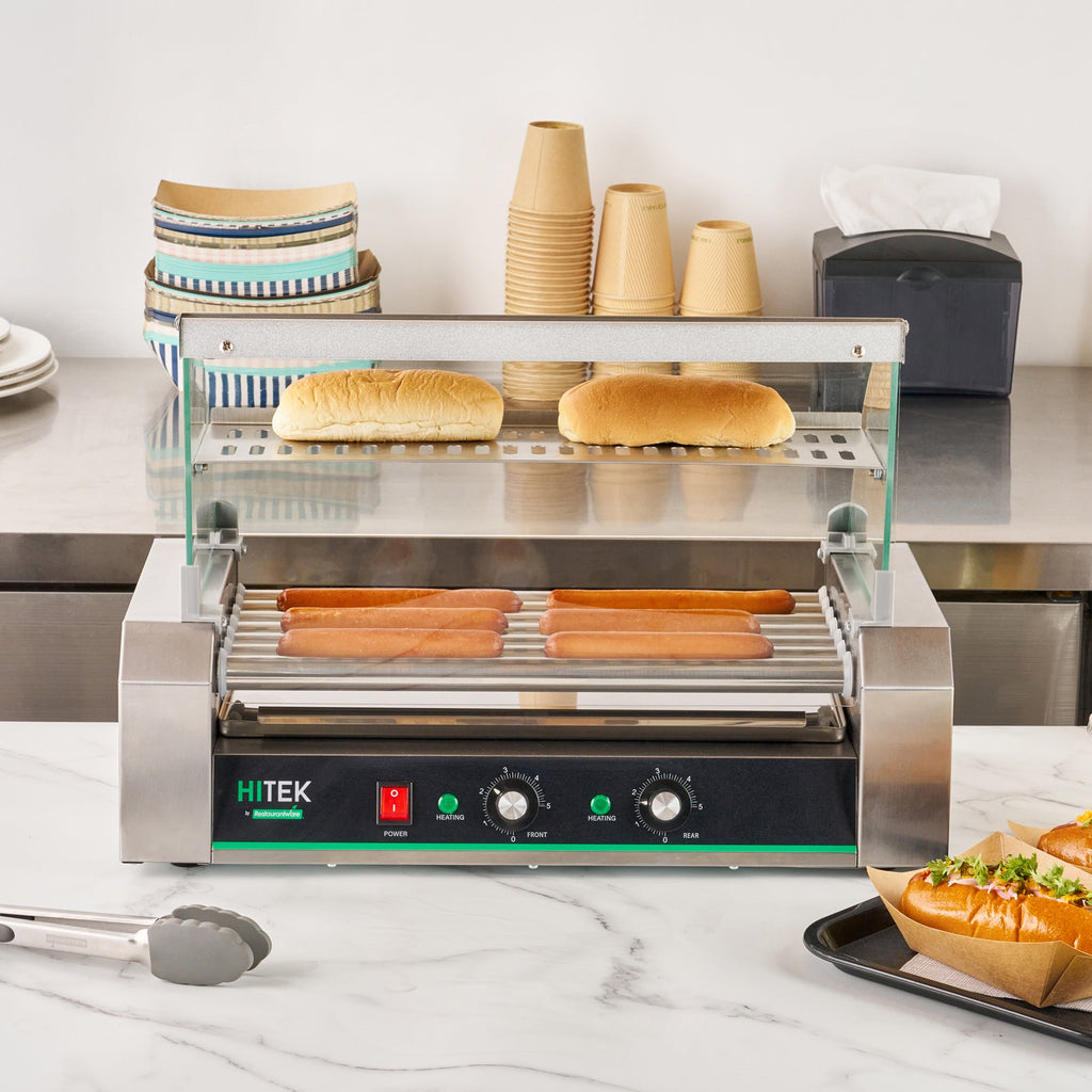 Hi Tek Stainless Steel Hot Dog Roller Grill Warmer - Fits 18 Hot Dogs and 4 Buns, Sneeze Guard - 1 count box