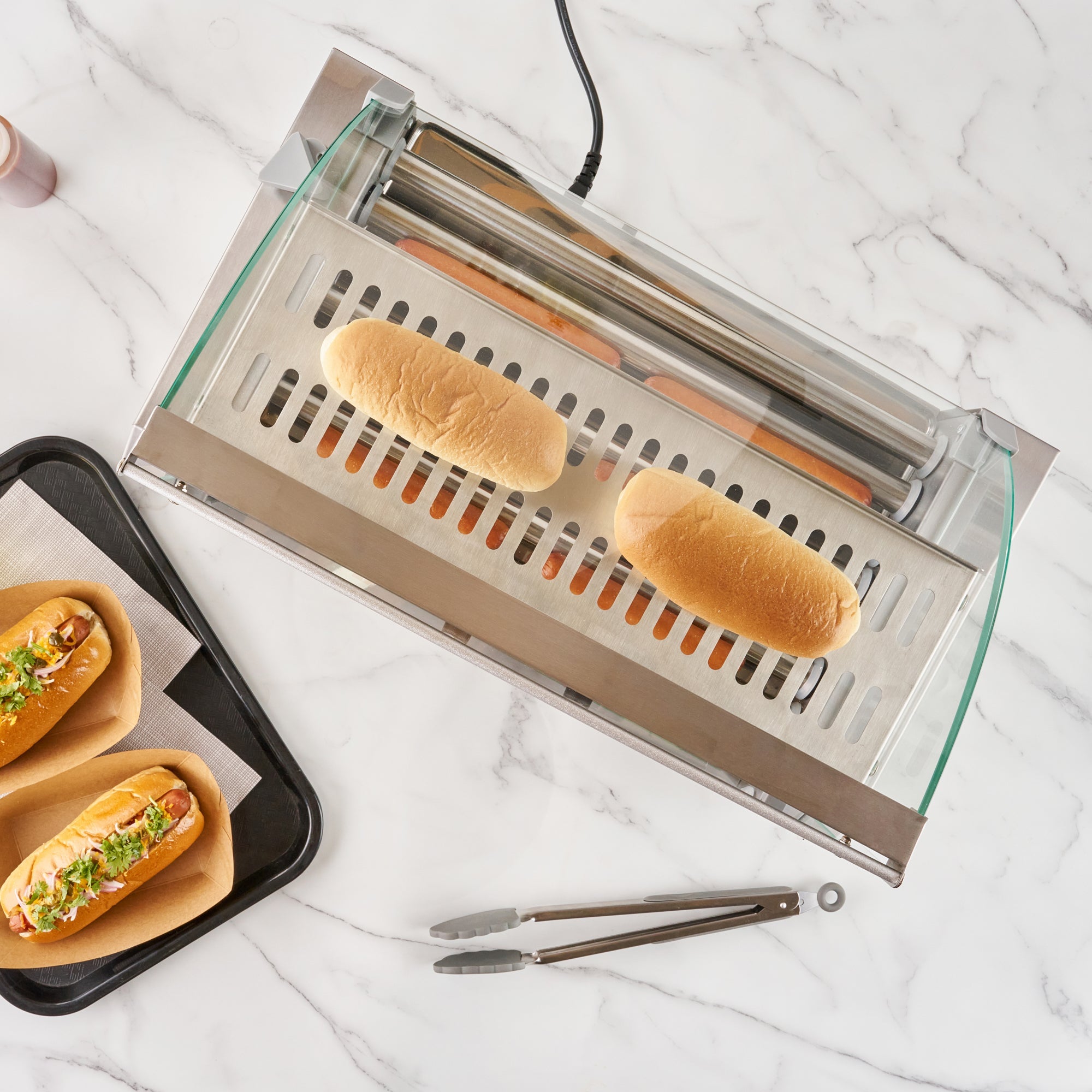 Hi Tek Stainless Steel Hot Dog Roller Grill Warmer - Fits 18 Hot Dogs and 4 Buns, Sneeze Guard - 1 count box