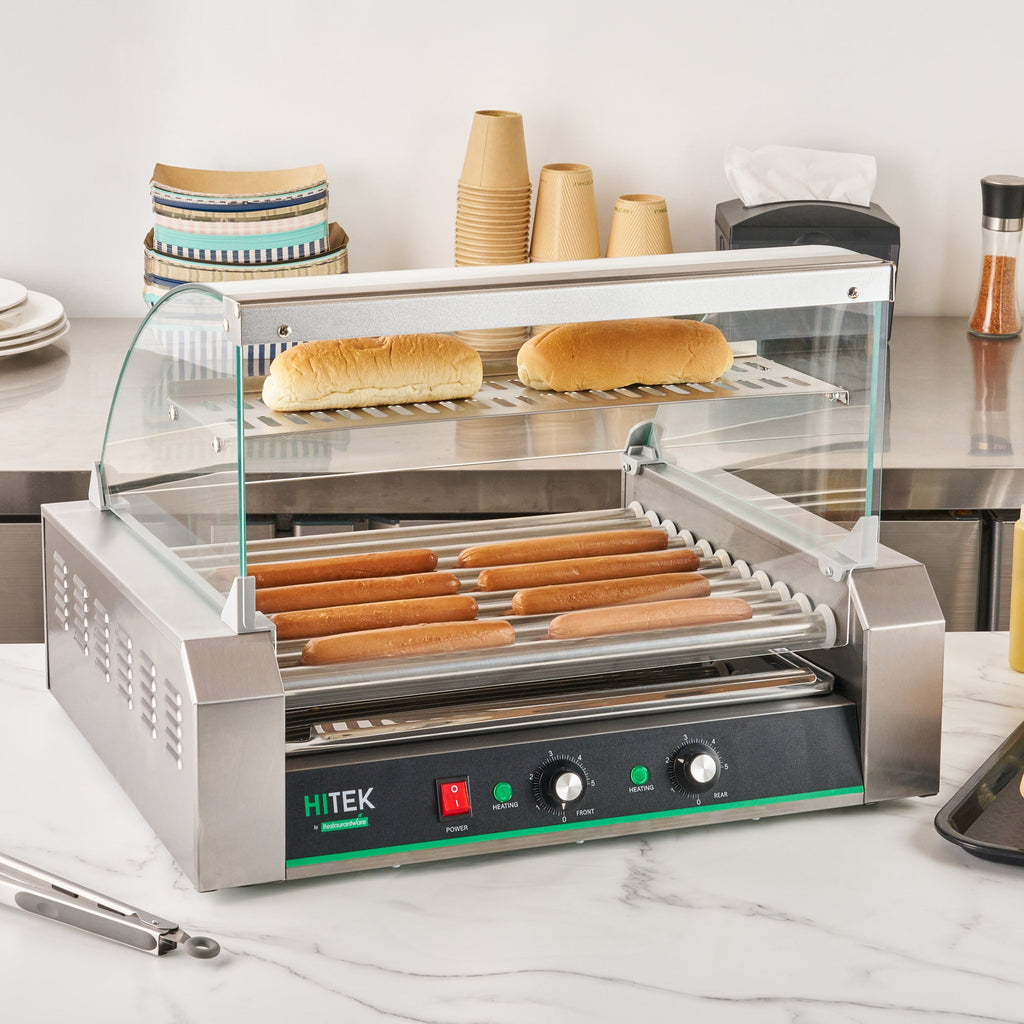 Hi Tek Stainless Steel Hot Dog Roller Grill Warmer - Fits 30 Hot Dogs and 4 Buns, Sneeze Guard - 1 count box