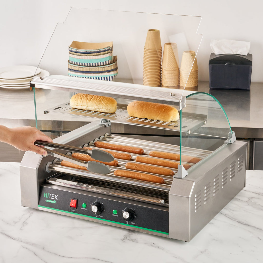 Hi Tek Stainless Steel Hot Dog Roller Grill Warmer - Fits 30 Hot Dogs and 4 Buns, Sneeze Guard - 1 count box