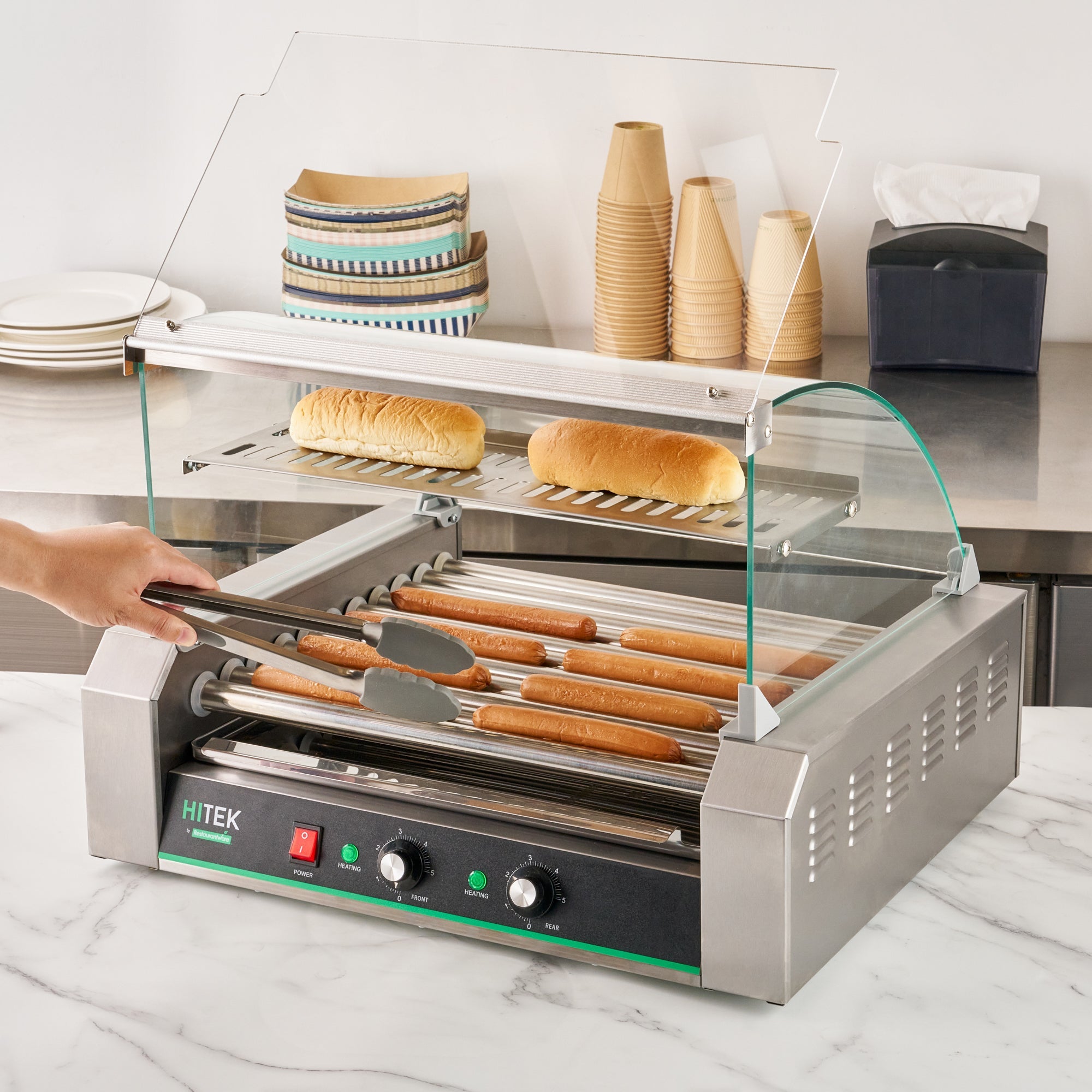 Hi Tek Stainless Steel Hot Dog Roller Grill Warmer - Fits 30 Hot Dogs and 4 Buns, Sneeze Guard - 1 count box