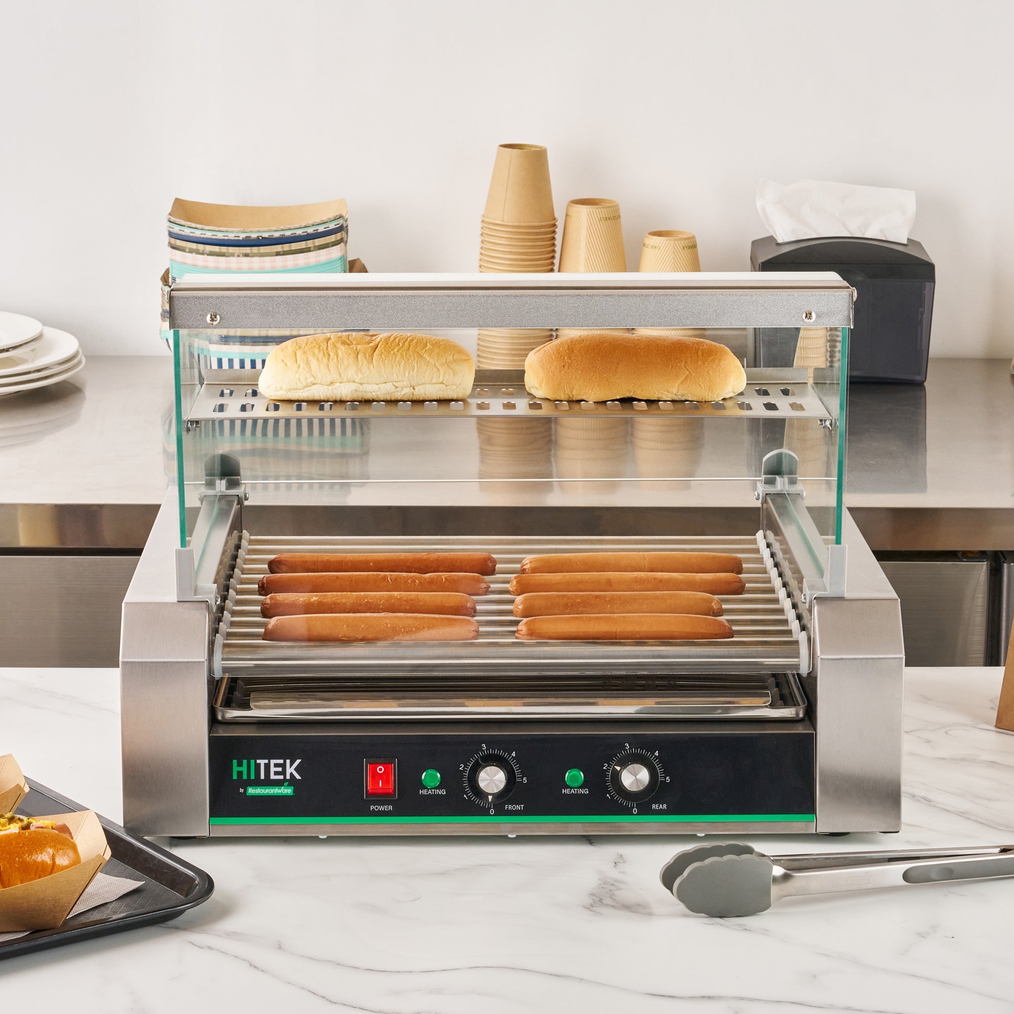 Hi Tek Stainless Steel Hot Dog Roller Grill Warmer - Fits 30 Hot Dogs and 4 Buns, Sneeze Guard - 1 count box