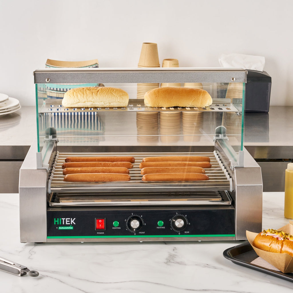 Hi Tek Stainless Steel Hot Dog Roller Grill Warmer - Fits 30 Hot Dogs and 4 Buns, Sneeze Guard - 1 count box