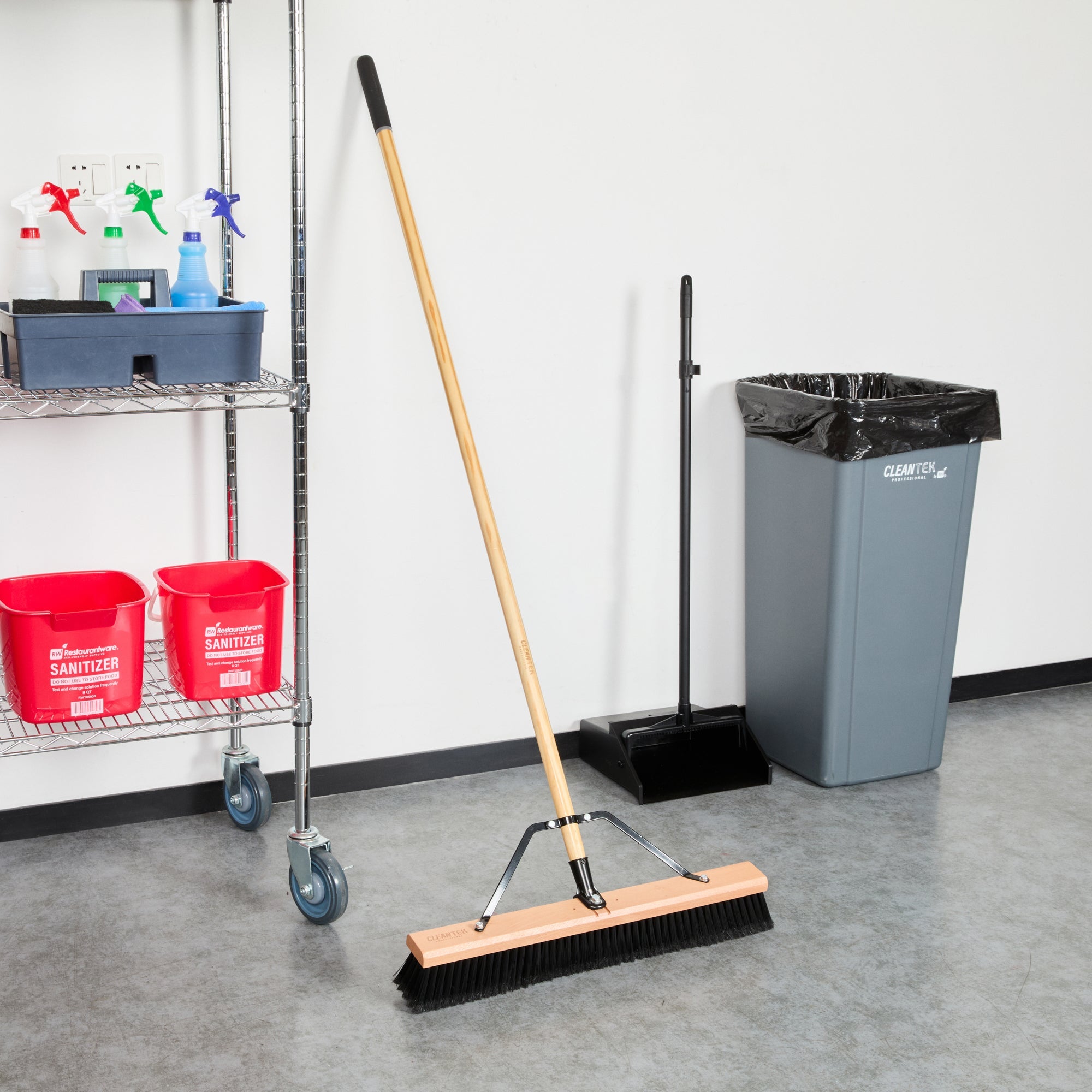 Clean Tek Professional 24" Contractor / Push Broom - with Fine Flagged Bristles, 60" Wood Handle - 1 count box