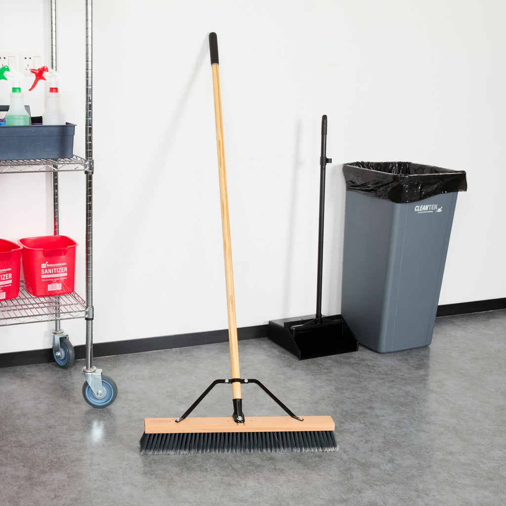 Clean Tek Professional 24" Contractor / Push Broom - with Medium Flagged Bristles, 60" Wood Handle - 1 count box