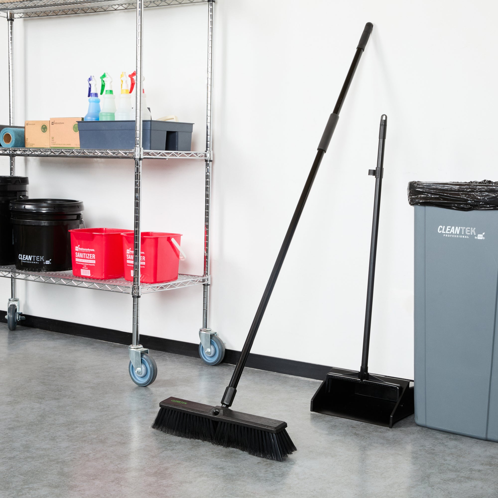 Clean Tek Professional 17 1/4" Black Plastic Push Broom - with Fine Flagged Bristles, 59" Steel Handle - 1 count box