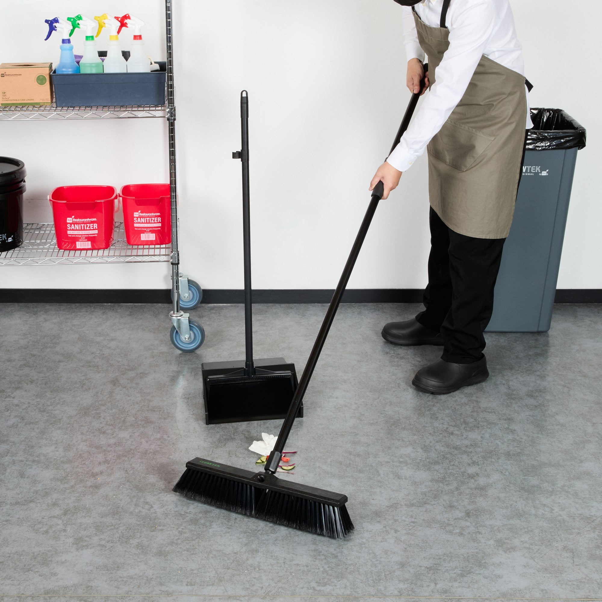 Clean Tek Professional 17 1/4" Black Plastic Push Broom - with Fine Flagged Bristles, 59" Steel Handle - 1 count box