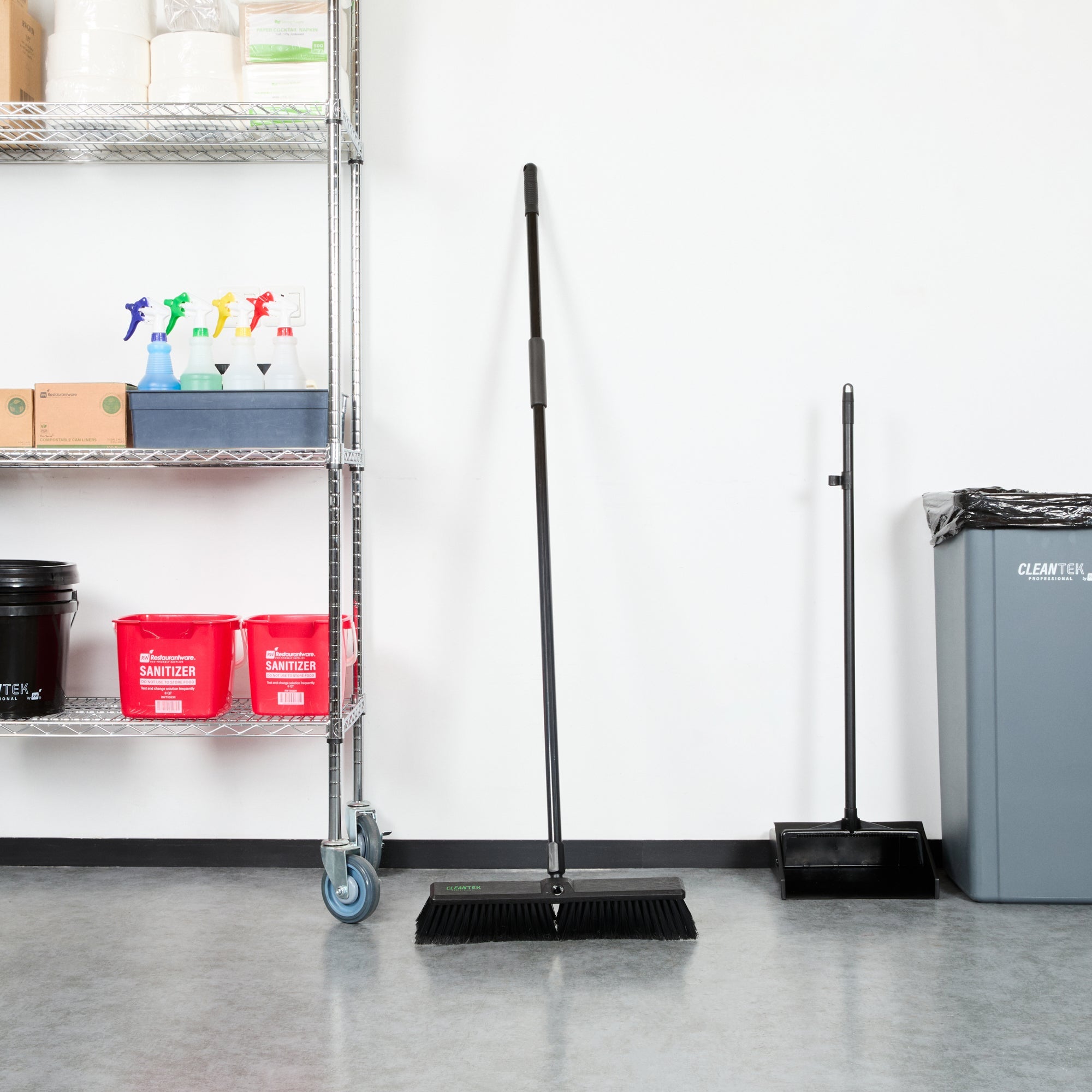 Clean Tek Professional 17 1/4" Black Plastic Push Broom - with Fine Flagged Bristles, 59" Steel Handle - 1 count box