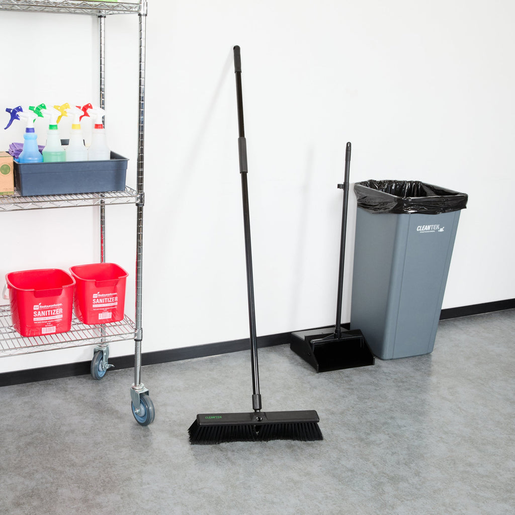 Clean Tek Professional 17 1/4" Black Plastic Push Broom - with Fine Flagged Bristles, 59" Steel Handle - 1 count box
