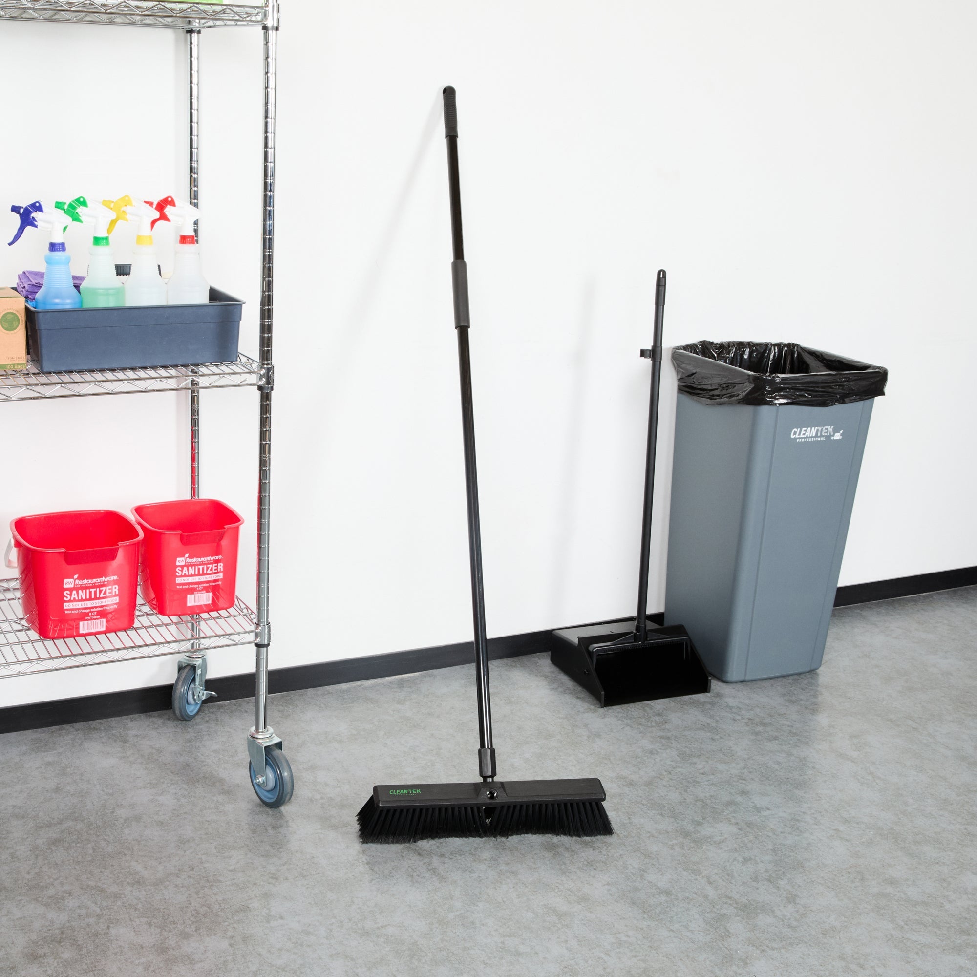 Clean Tek Professional 17 1/4" Black Plastic Push Broom - with Fine Flagged Bristles, 59" Steel Handle - 1 count box