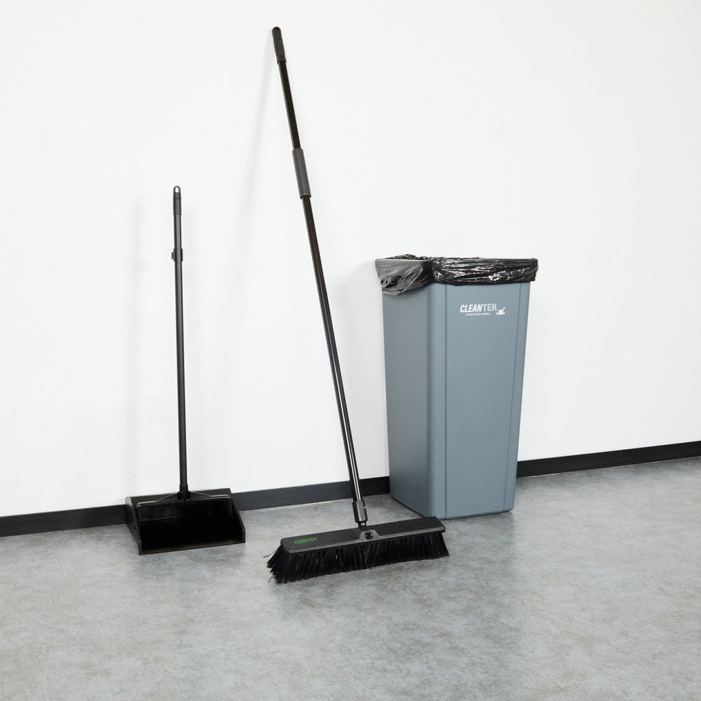 Clean Tek Professional 17 1/4" Black Plastic Push Broom - with Medium Flagged Bristles, 59" Steel Handle - 1 count box