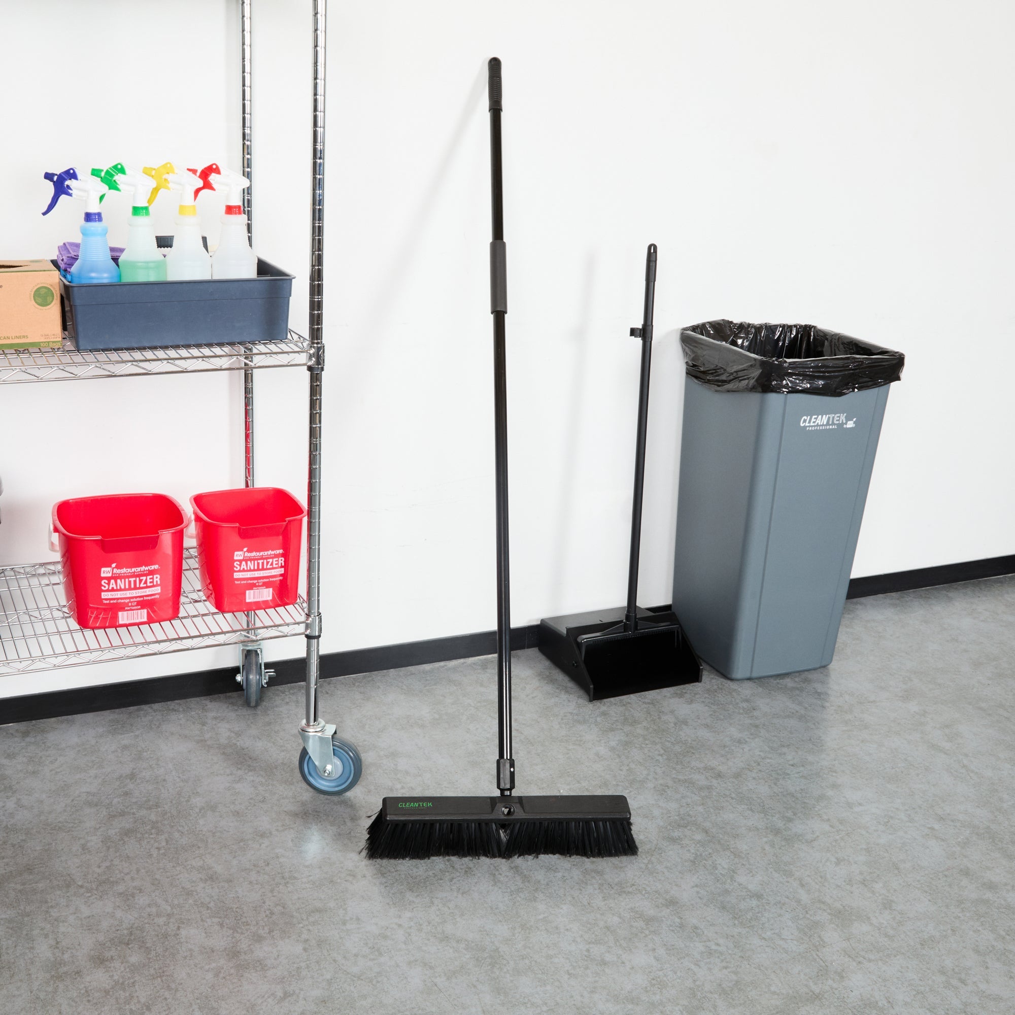 Clean Tek Professional 17 1/4" Black Plastic Push Broom - with Medium Flagged Bristles, 59" Steel Handle - 1 count box