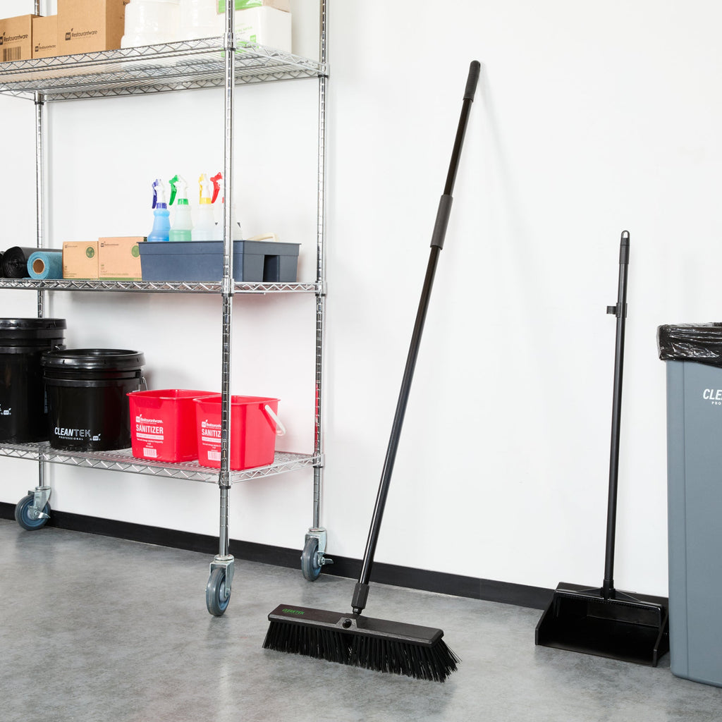 Clean Tek Professional 17 1/4" Black Plastic Push Broom - with Heavy Unflagged Bristles, 59" Steel Handle - 1 count box