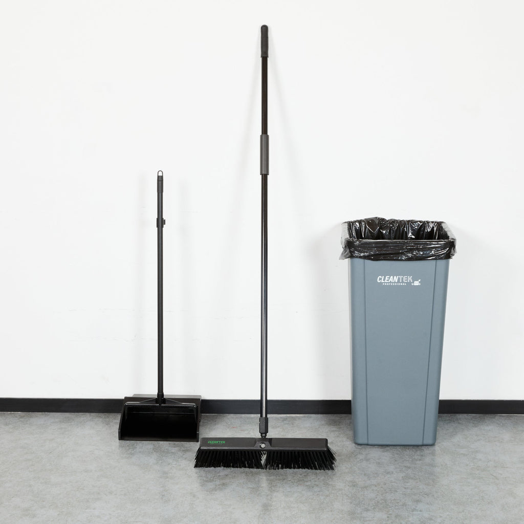 Clean Tek Professional 17 1/4" Black Plastic Push Broom - with Heavy Unflagged Bristles, 59" Steel Handle - 1 count box