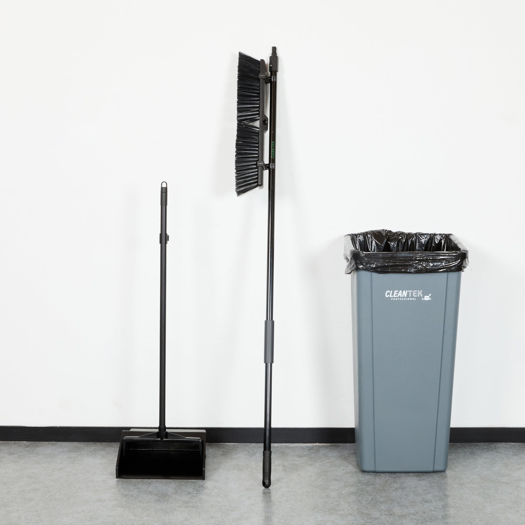 Clean Tek Professional 17 1/4" Black Plastic Push Broom - with Heavy Unflagged Bristles, 59" Steel Handle - 1 count box
