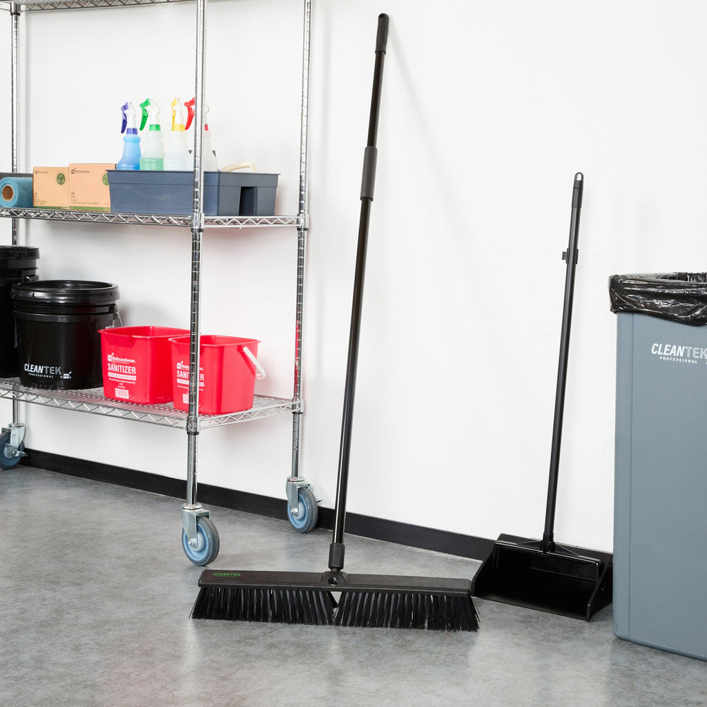 Clean Tek Professional 23 1/2" Black Plastic Push Broom - with Medium Flagged Bristles, 59" Steel Handle - 1 count box