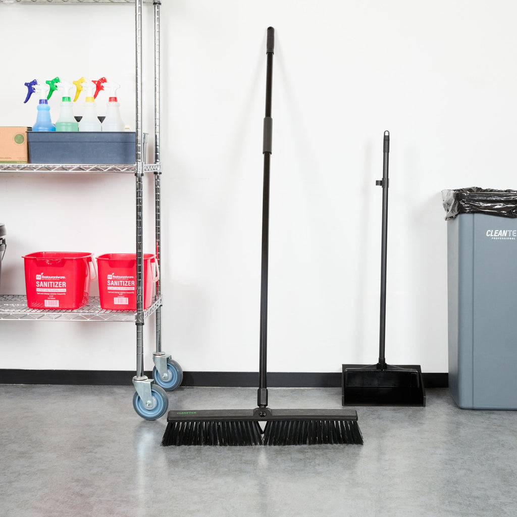 Clean Tek Professional 23 1/2" Black Plastic Push Broom - with Medium Flagged Bristles, 59" Steel Handle - 1 count box