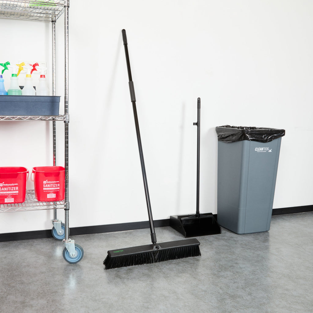 Clean Tek Professional 23 1/2" Black Plastic Push Broom - with Medium Flagged Bristles, 59" Steel Handle - 1 count box