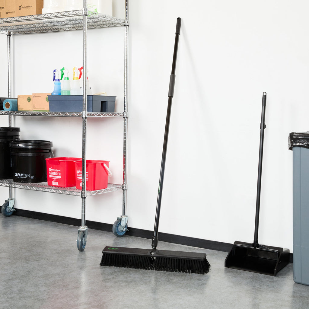 Clean Tek Professional 23 1/2" Black Plastic Push Broom - with Heavy Unflagged Bristles, 59" Steel Handle - 1 count box