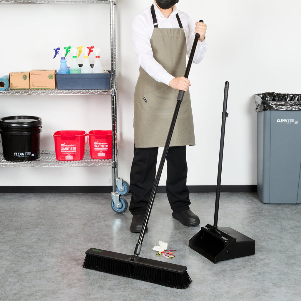 Clean Tek Professional 23 1/2" Black Plastic Push Broom - with Heavy Unflagged Bristles, 59" Steel Handle - 1 count box
