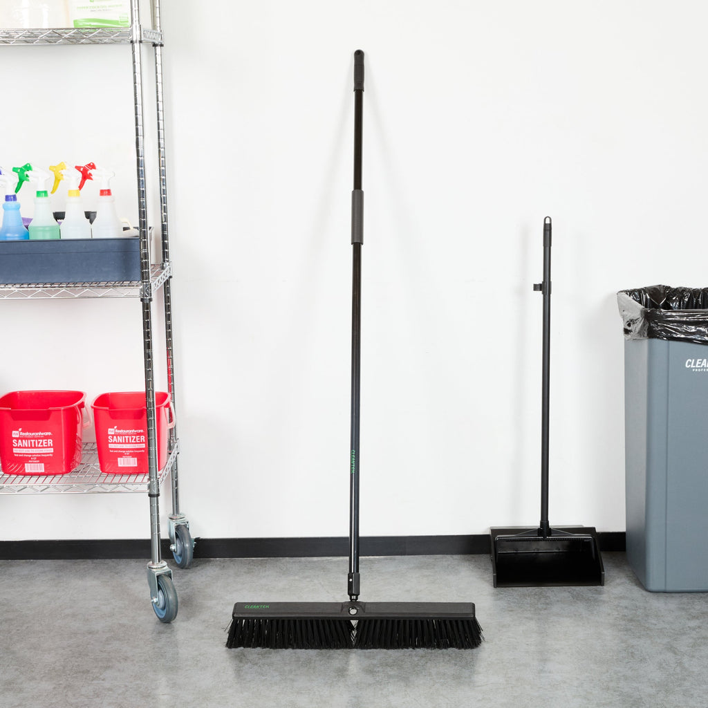 Clean Tek Professional 23 1/2" Black Plastic Push Broom - with Heavy Unflagged Bristles, 59" Steel Handle - 1 count box