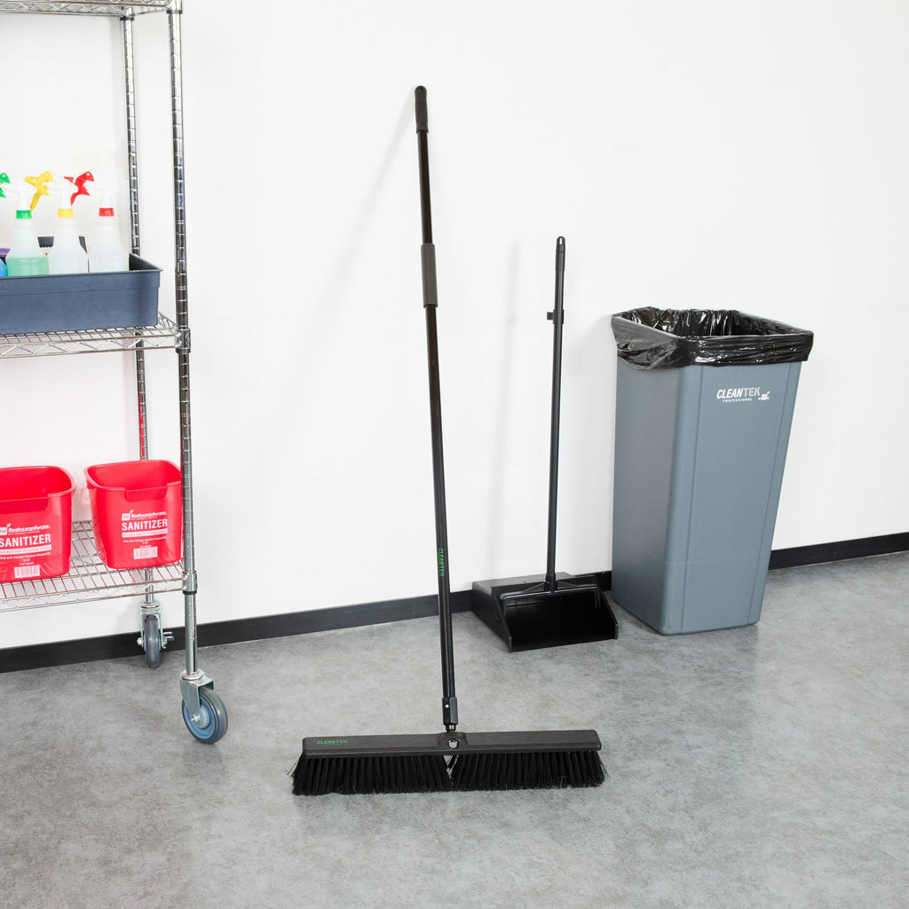 Clean Tek Professional 23 1/2" Black Plastic Push Broom - with Heavy Unflagged Bristles, 59" Steel Handle - 1 count box