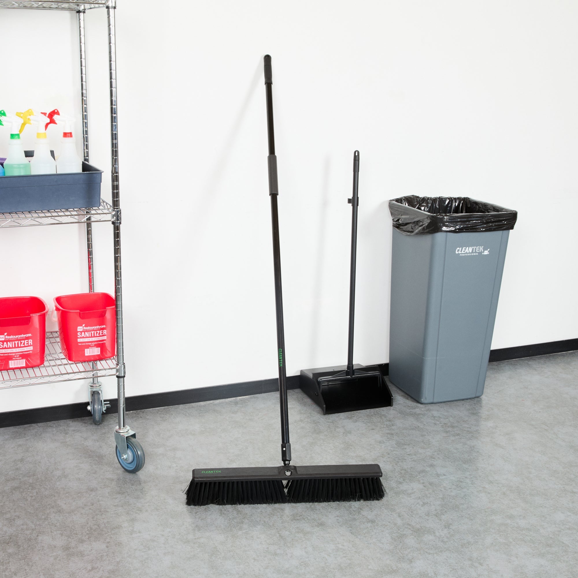 Clean Tek Professional 23 1/2" Black Plastic Push Broom - with Heavy Unflagged Bristles, 59" Steel Handle - 1 count box