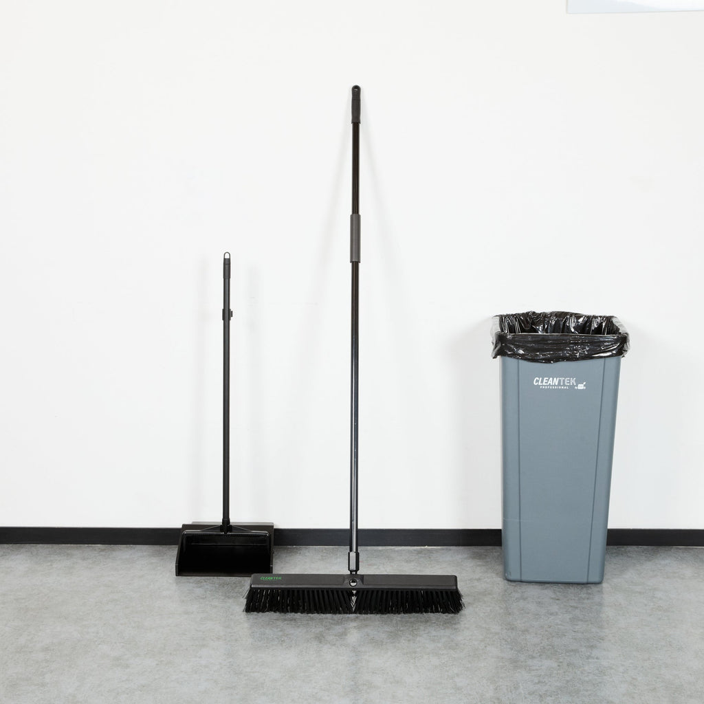 Clean Tek Professional 23 1/2" Black Plastic Push Broom - with Heavy Unflagged Bristles, 59" Steel Handle - 1 count box