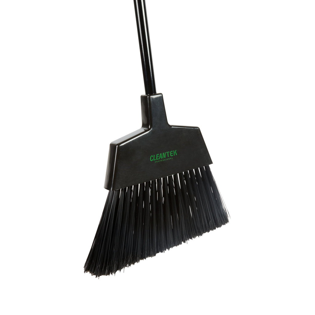 Clean Tek Professional 11 3/4" Black Plastic Angled Broom - with Flagged Bristles, 48" Steel Handle - 1 count box