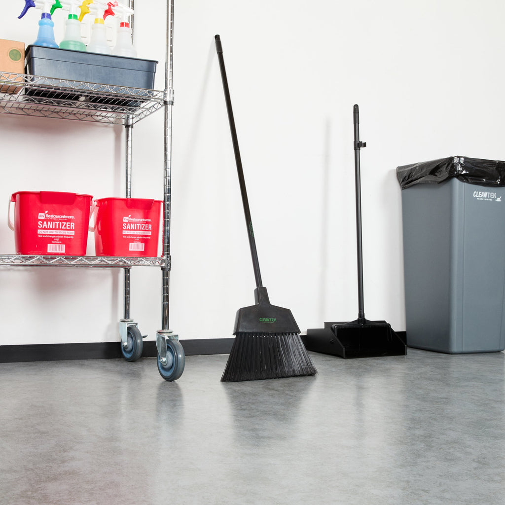 Clean Tek Professional 11 3/4" Black Plastic Angled Broom - with Flagged Bristles, 48" Steel Handle - 1 count box