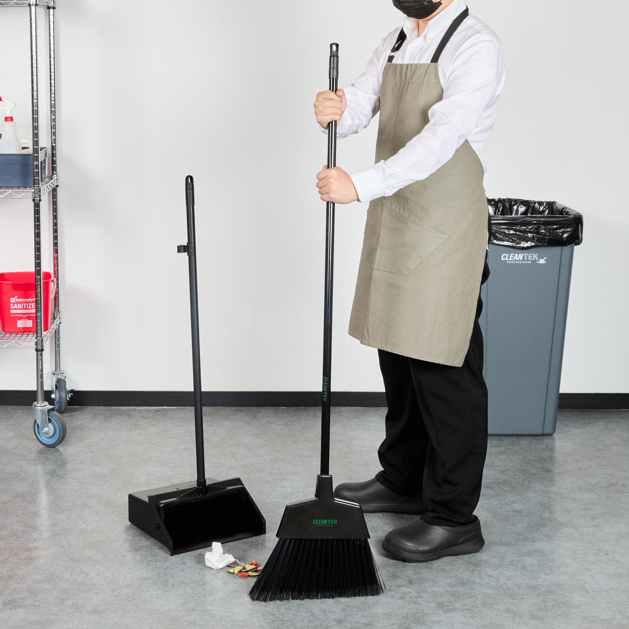 Clean Tek Professional 11 3/4" Black Plastic Angled Broom - with Flagged Bristles, 48" Steel Handle - 1 count box