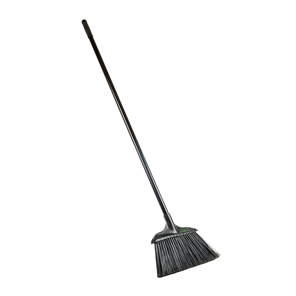 Clean Tek Professional 13 3/4" Black Plastic Wide Angled Broom - with Flagged Bristles, 48" Steel Handle - 1 count box