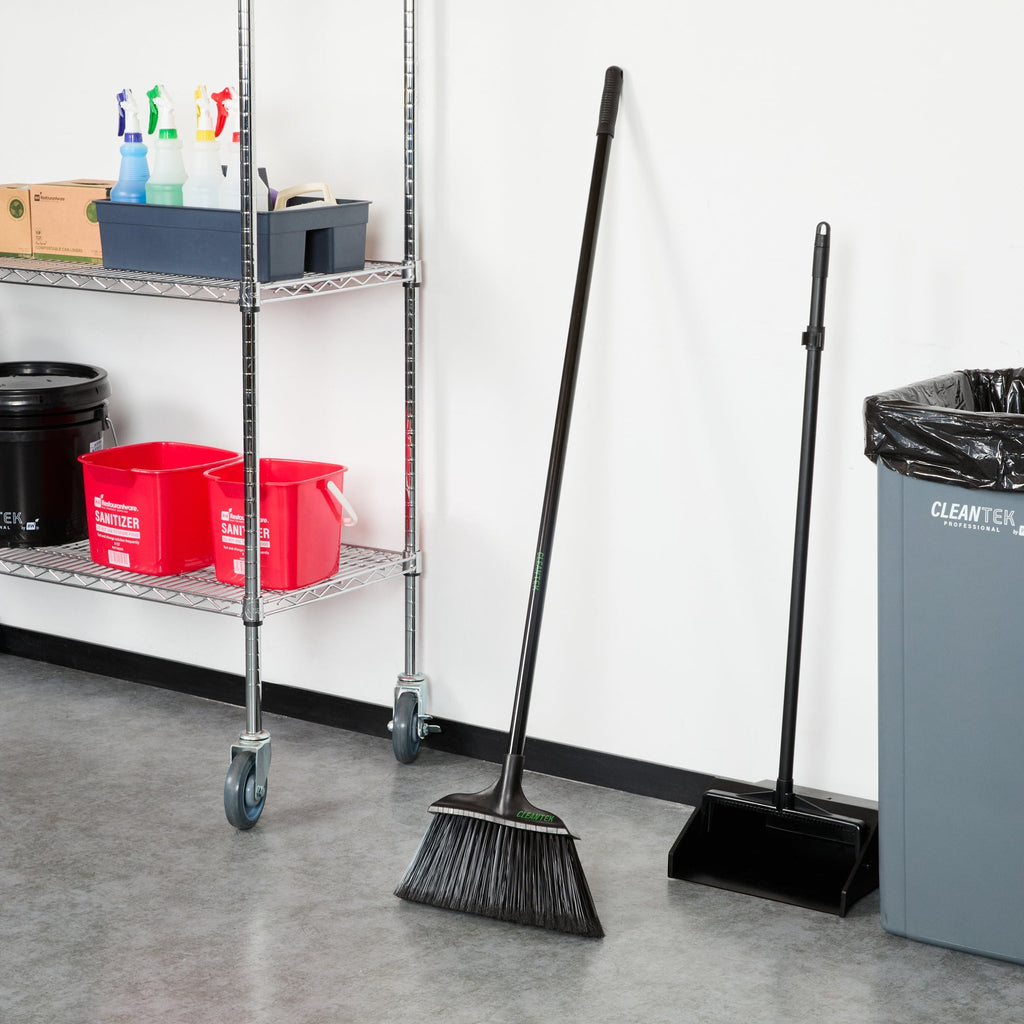 Clean Tek Professional 13 3/4" Black Plastic Wide Angled Broom - with Flagged Bristles, 48" Steel Handle - 1 count box