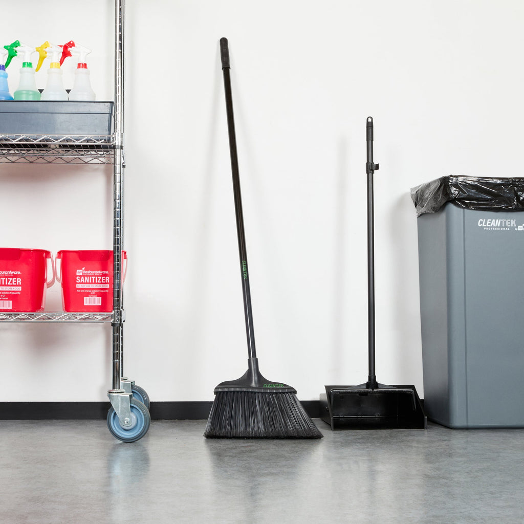 Clean Tek Professional 13 3/4" Black Plastic Wide Angled Broom - with Flagged Bristles, 48" Steel Handle - 1 count box