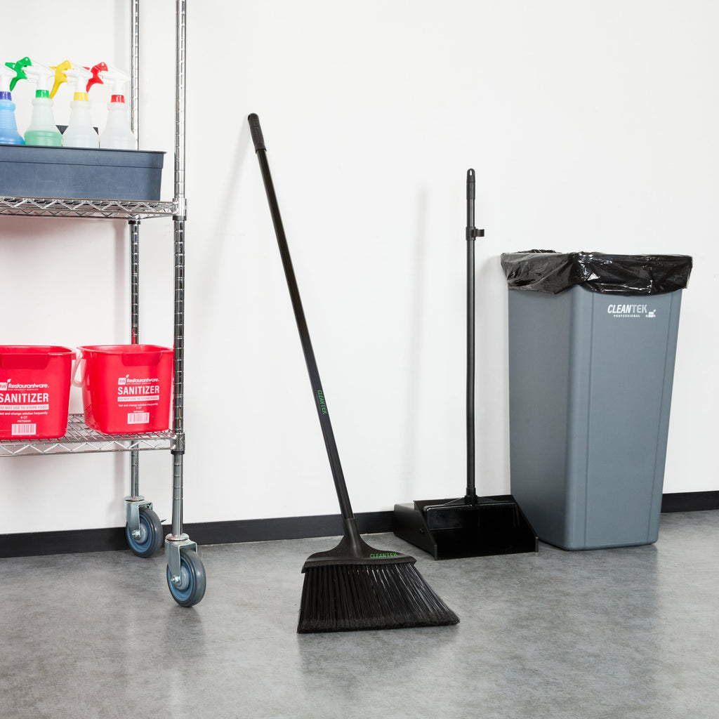 Clean Tek Professional 13 3/4" Black Plastic Wide Angled Broom - with Flagged Bristles, 48" Steel Handle - 1 count box