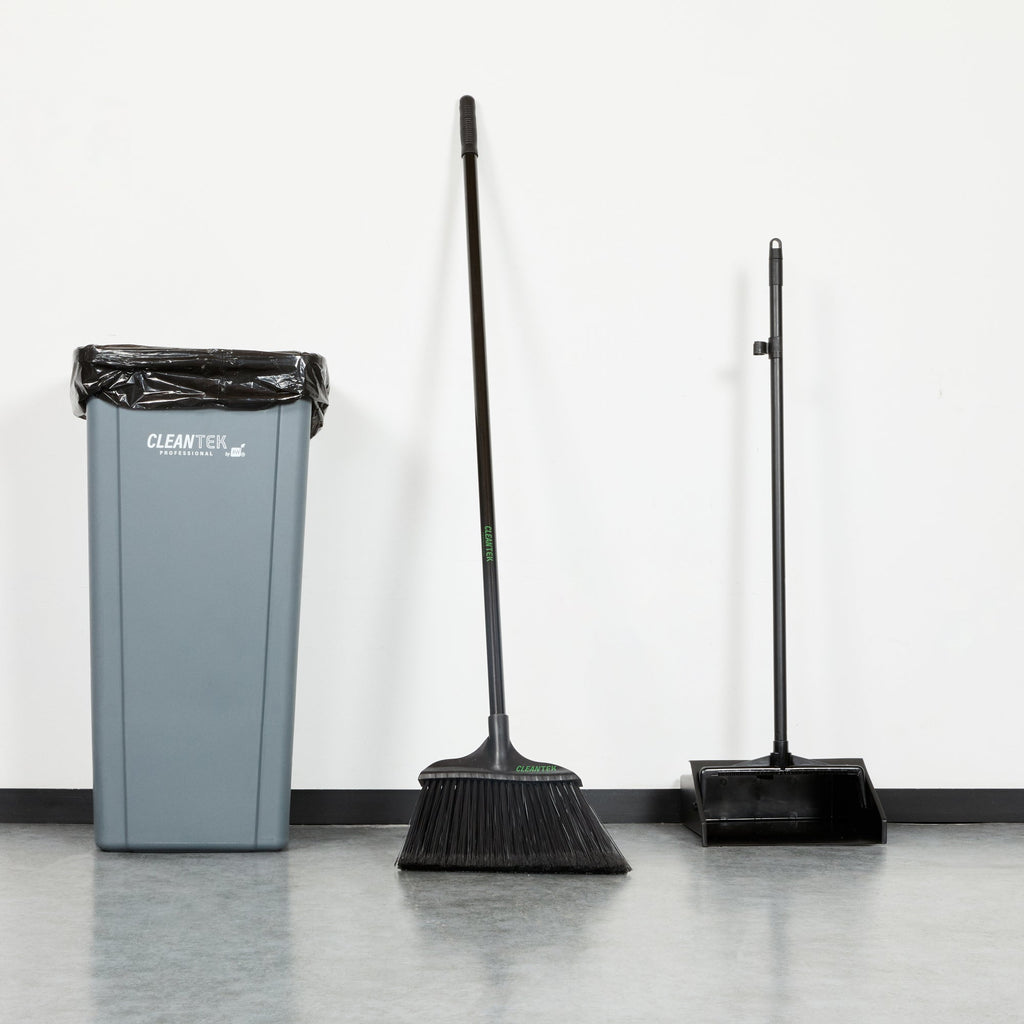 Clean Tek Professional 13 3/4" Black Plastic Wide Angled Broom - with Flagged Bristles, 48" Steel Handle - 1 count box