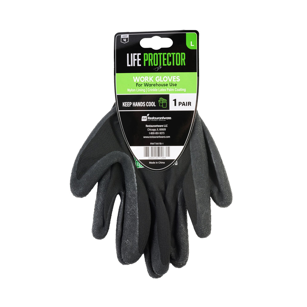 Life Protector Black Nylon Large Work Gloves - with Crinkle Latex Palm Coating - Pair - 10 count box