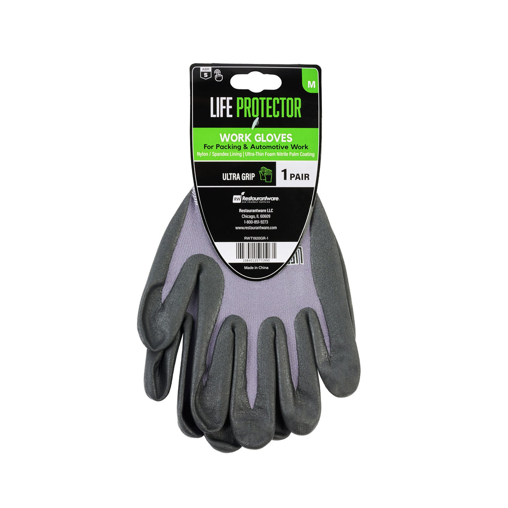Life Protector Gray Nylon / Spandex Medium Work Gloves - with Ultra-Thin Foam Nitrile Palm Coating and Dots - Pair - 1 count box
