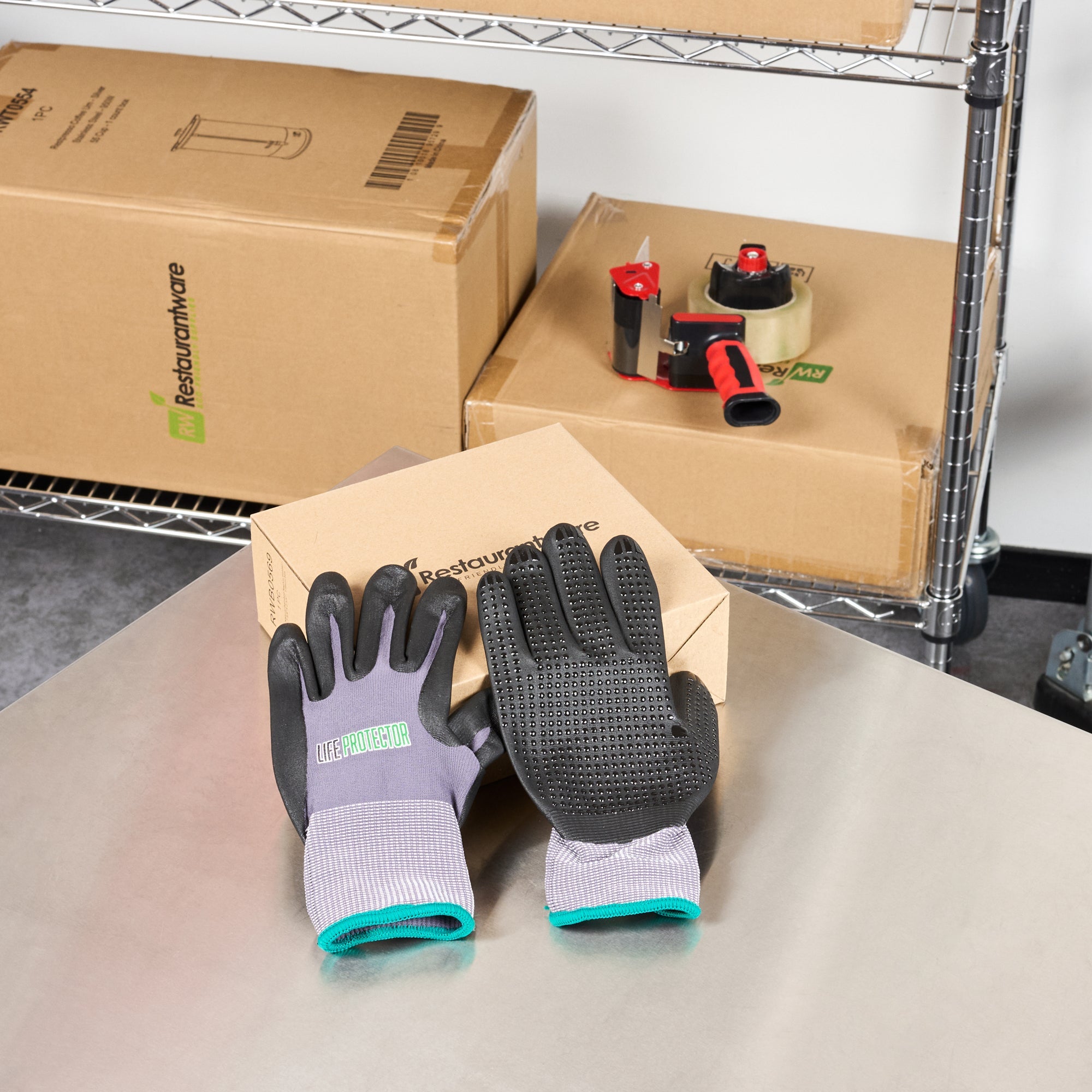 Life Protector Gray Nylon / Spandex Medium Work Gloves - with Ultra-Thin Foam Nitrile Palm Coating and Dots - Pair - 10 count box