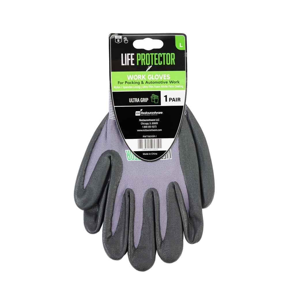 Life Protector Gray Nylon / Spandex Large Work Gloves - with Ultra-Thin Foam Nitrile Palm Coating and Dots - Pair - 10 count box