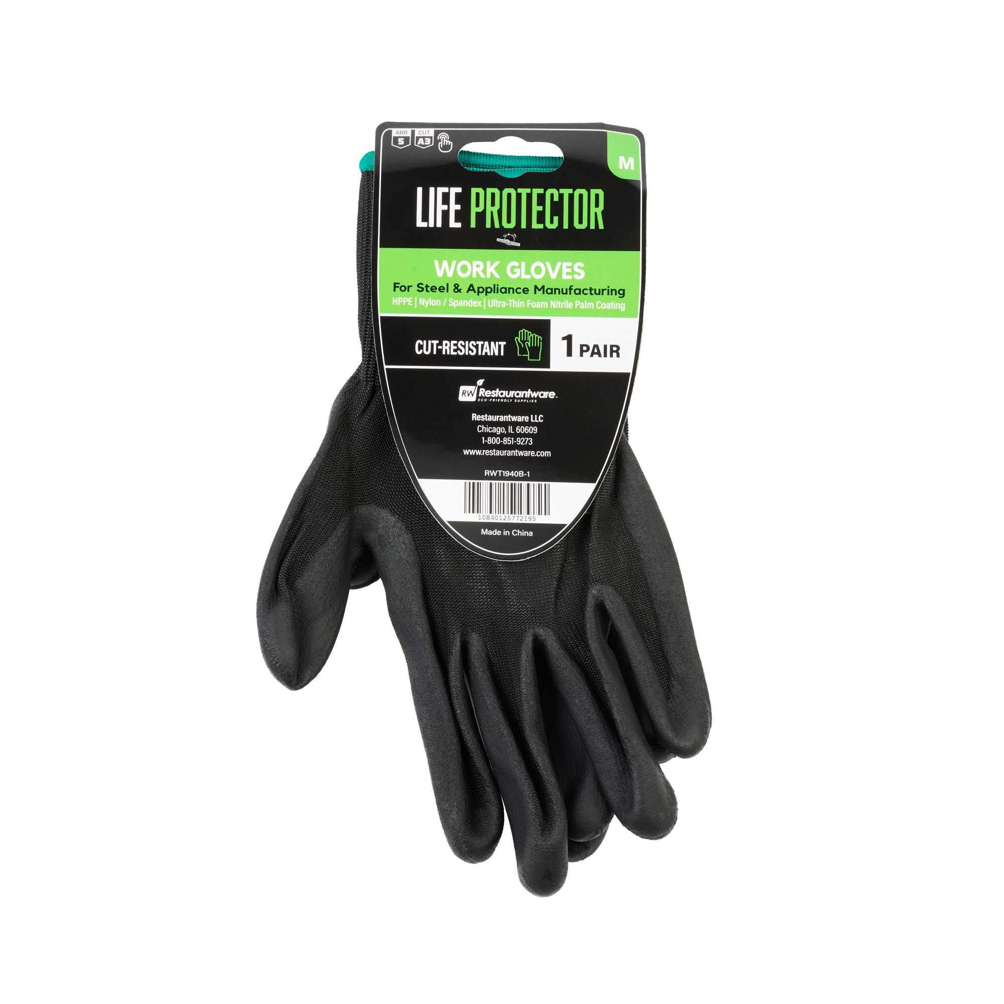 Life Protector Black HPPE Nylon / Spandex Medium Work Gloves - with Ultra-Thin Foam Nitrile Palm Coating, Cut-Resistant - Pair - 1 count box